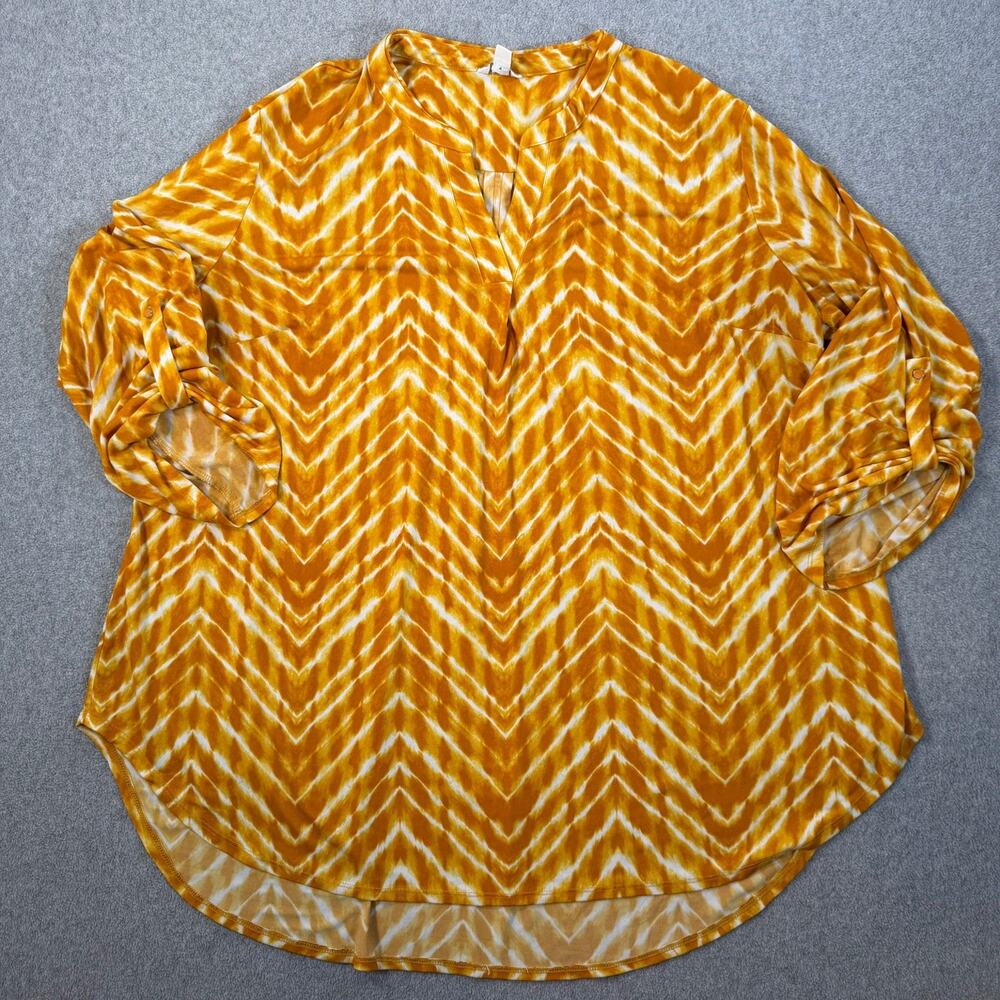 Cato Women's 18/20W Plus Size Golden White Chevron Tie Dye Roll Tab Sleeve Top